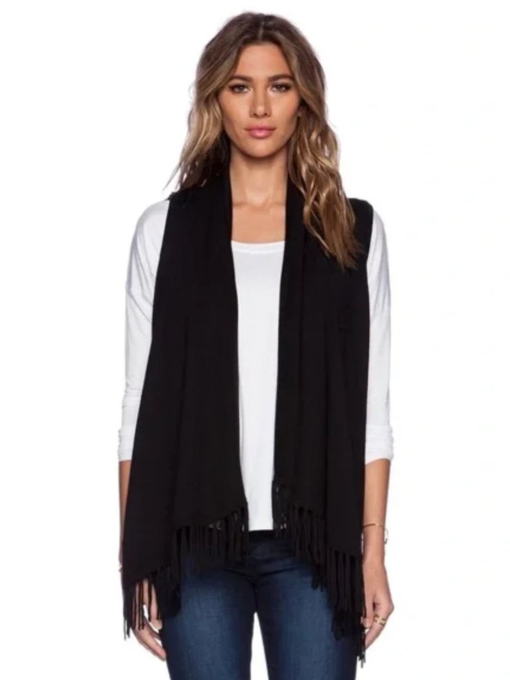 NWT Womens Central Park West New York Black (Item- 3) Fringed Open Vest Top L